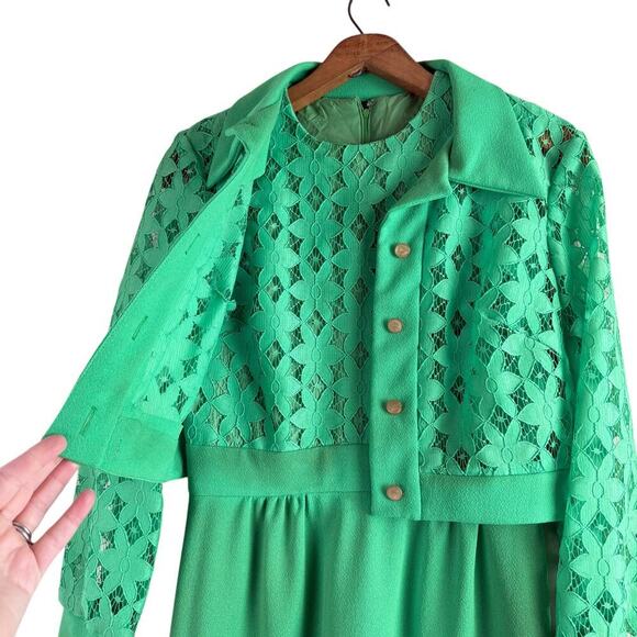 Vintage 60s Green Lace Bodice Sleeveless Sheath Dress w/ Matching Crop Jacket, M - Picture 8 of 16